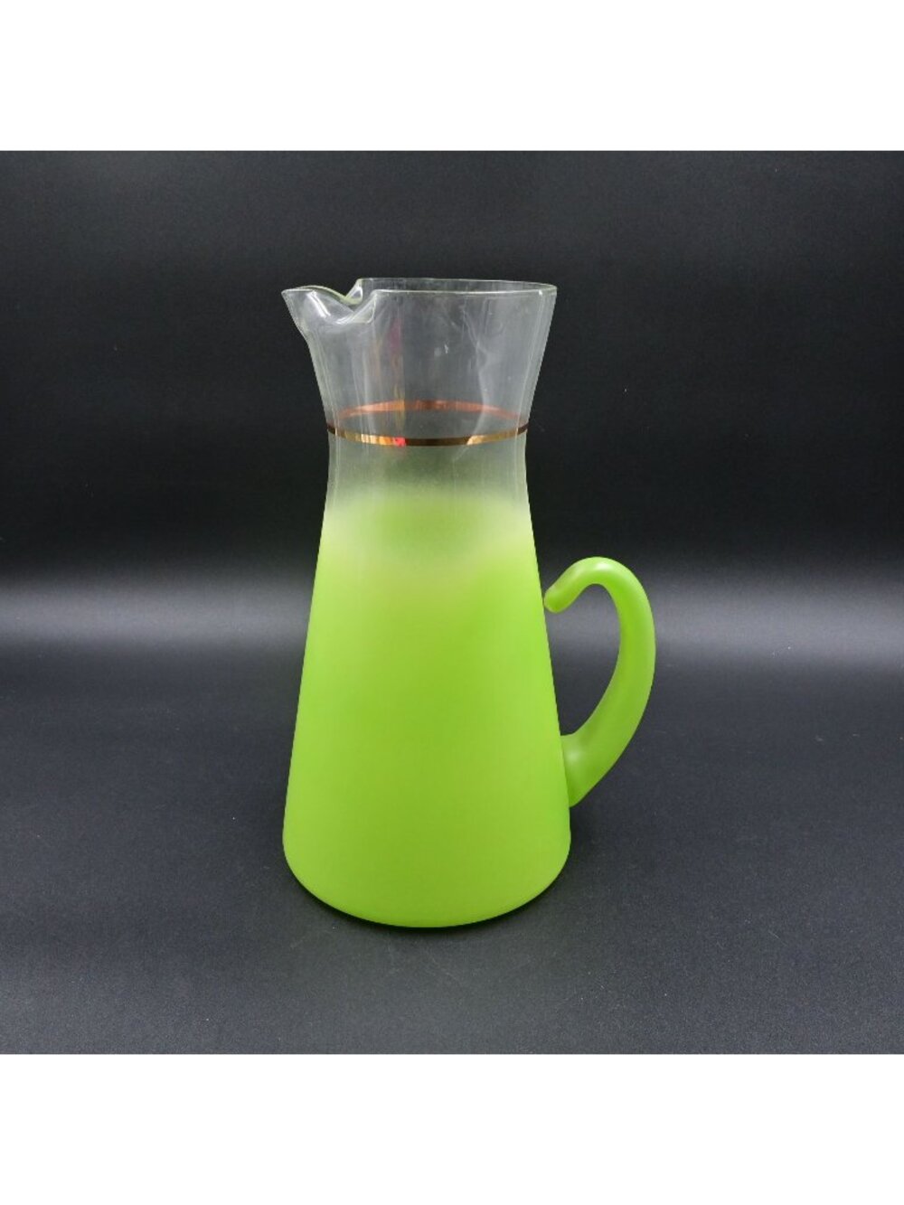 West Virginia Blendo Glass Pitcher Frosted Lime Green MCM Gold Band